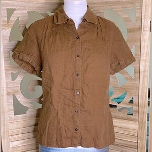 Vintage Talbots Pure 100% Linen Pleated Brown Button Blouse